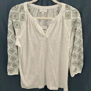 J.Jill- pure Jill-White, sheer, embroidered elastic sleeves- SOFT-long sleeve-XS